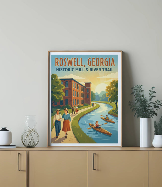 Roswell, Georgia Historic Mill & River Trail poster featuring a mill and people kayaking.