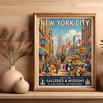 New York City vintage travel poster advertising galleries and museums.