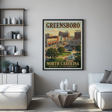 Framed "Greensboro, North Carolina" poster showing vintage street scene with fountain.