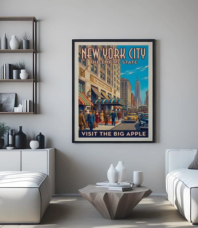 Vintage poster of New York City promoting tourism with text "Visit the Big Apple."