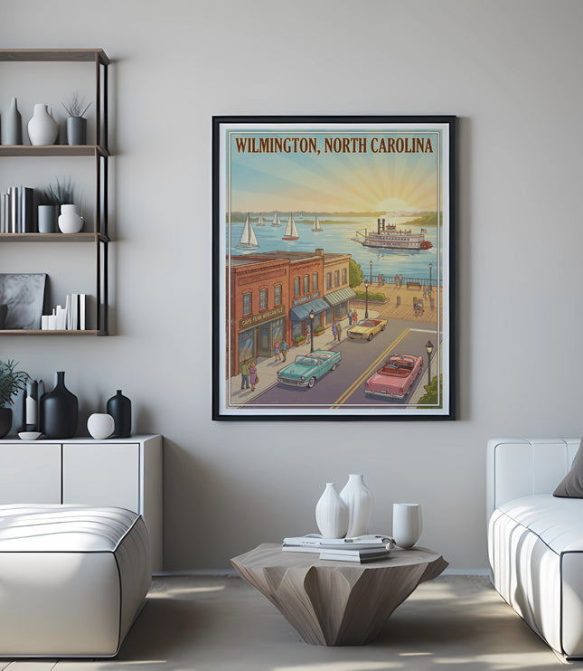 Wilmington, North Carolina retro poster of riverfront with boats and paddlewheel steamer.