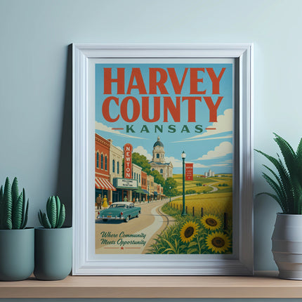 Framed vintage poster for Harvey County, Kansas, featuring Newton and sunflowers.