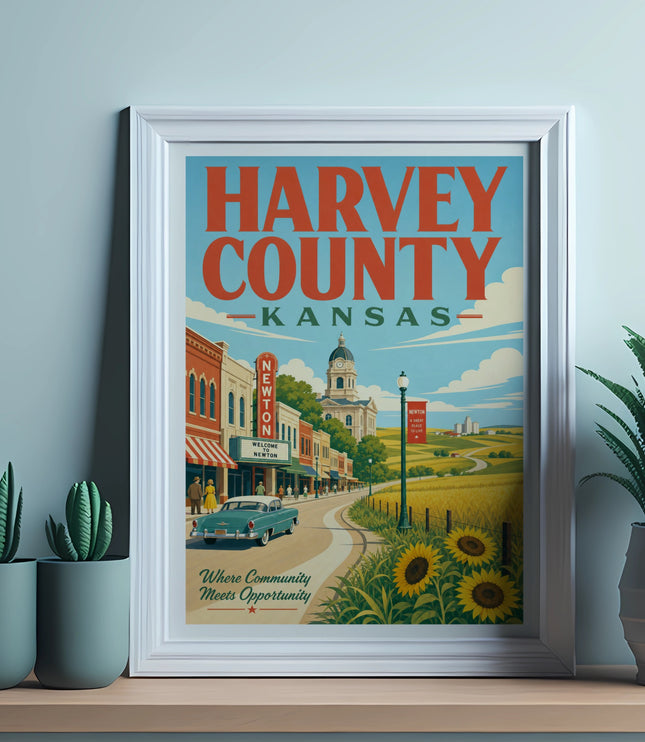 Framed vintage poster for Harvey County, Kansas, featuring Newton and sunflowers.