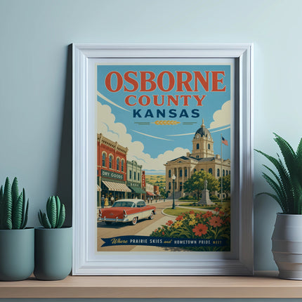 Osborne Kansas vintage poster with courthouse, classic car, and buildings.