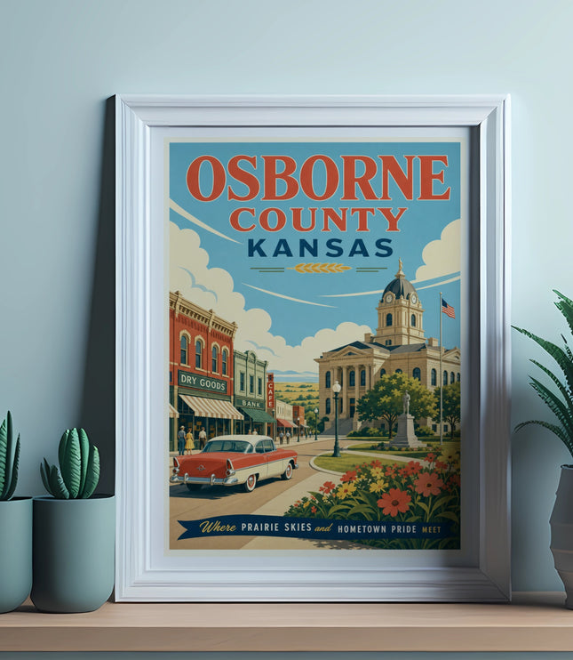 Osborne Kansas vintage poster with courthouse, classic car, and buildings.