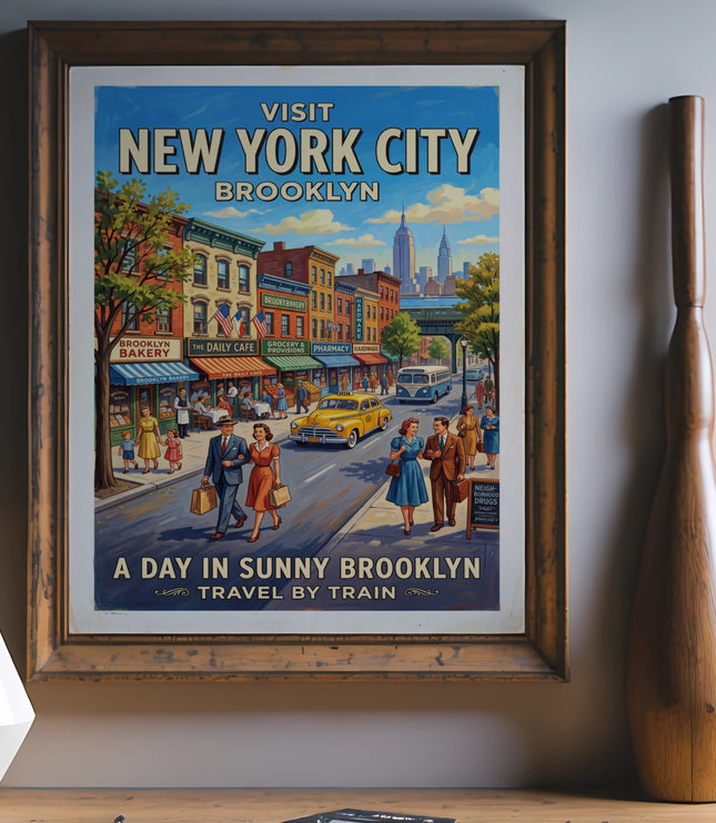 Vintage travel poster of Brooklyn, NYC, with people walking and a yellow taxi.