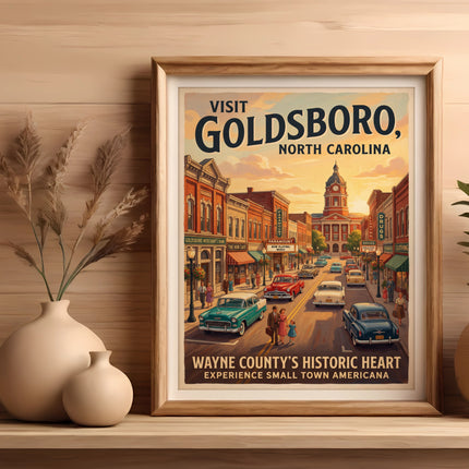 Framed poster of Goldsboro, North Carolina with vintage cars and town square.