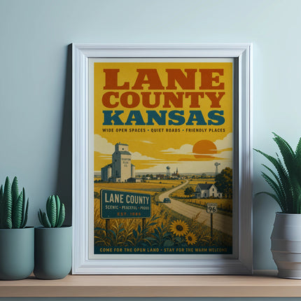 Vintage Lane County, Kansas travel poster with silo, highway, and cacti.