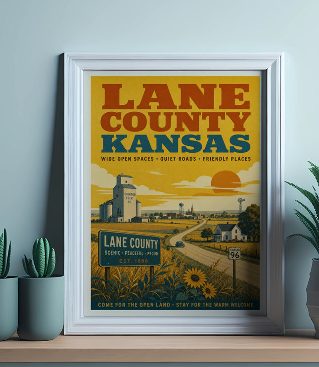 Vintage Lane County, Kansas travel poster with silo, highway, and cacti.