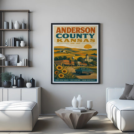 Anderson County Kansas travel poster with Garnett landmark illustration.