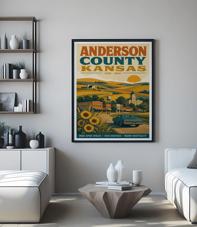 Anderson County Kansas travel poster with Garnett landmark illustration.