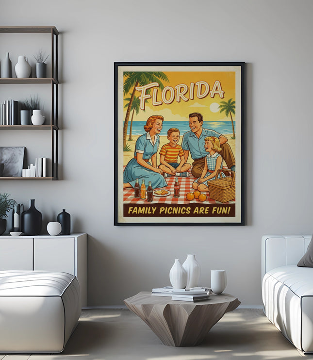 Retro Florida family picnic art print with text "Family Picnics Are Fun!".