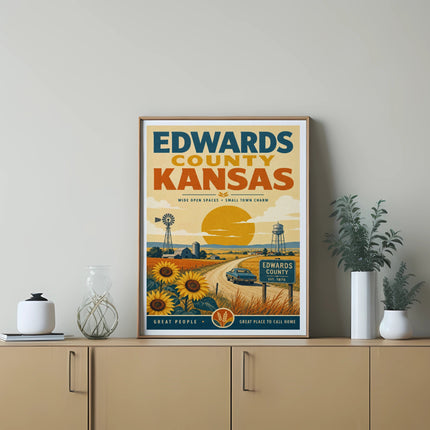 Edwards County Kansas poster with sunflowers, windmill, and Kinsley town sign.