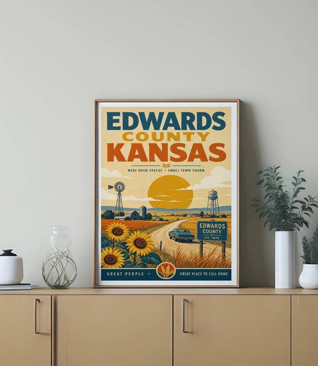 Edwards County Kansas poster with sunflowers, windmill, and Kinsley town sign.