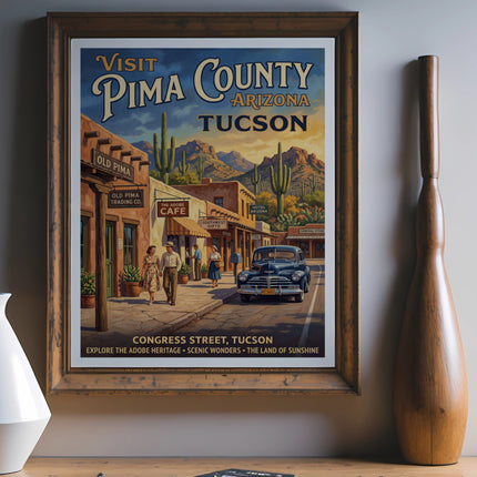 Vintage poster of Congress Street in Tucson, Arizona, with desert scenery.