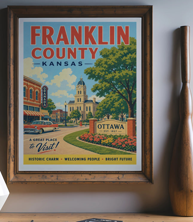 Franklin County, Kansas travel poster with historic buildings and a classic car.
