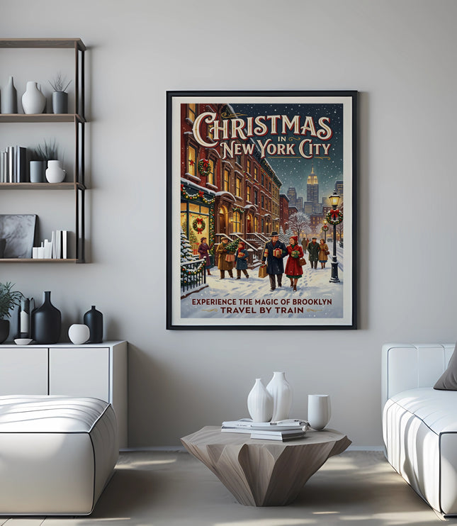 Vintage "Christmas in New York City" poster showing a snowy street scene with people.
