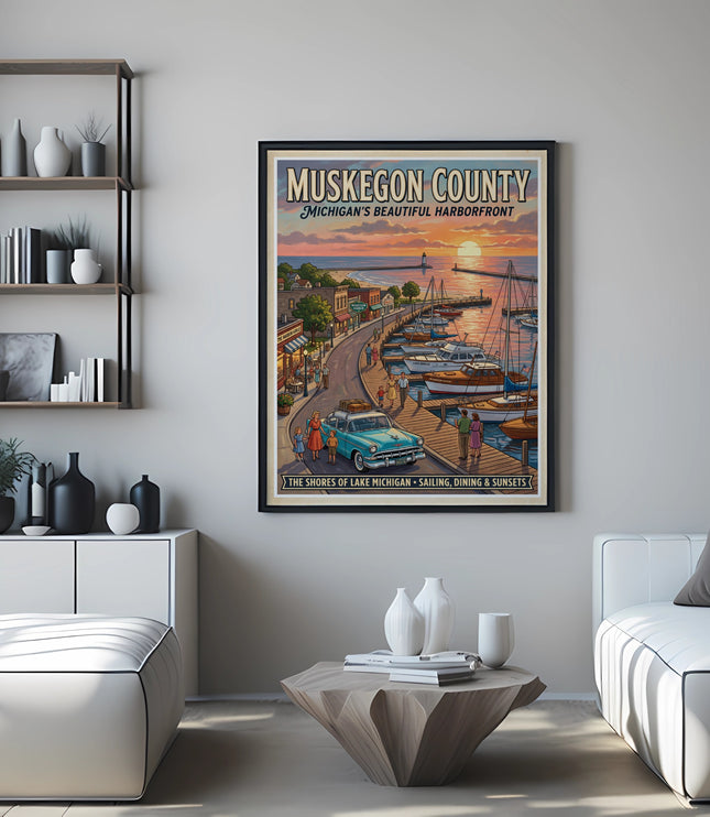 Vintage Muskegon County Michigan harborfront poster with classic car and boats.