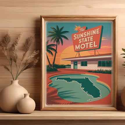 Retro motel sign depicting Florida, palm trees, and a pool.