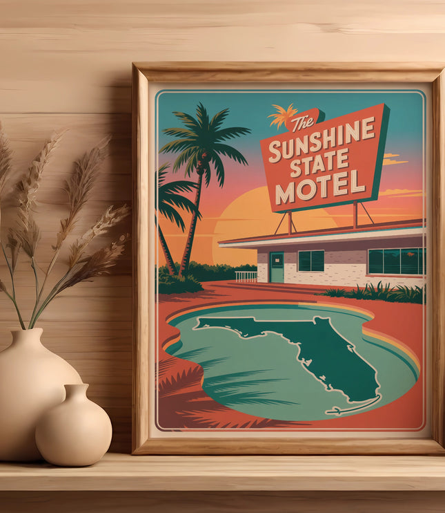 Retro motel sign depicting Florida, palm trees, and a pool.
