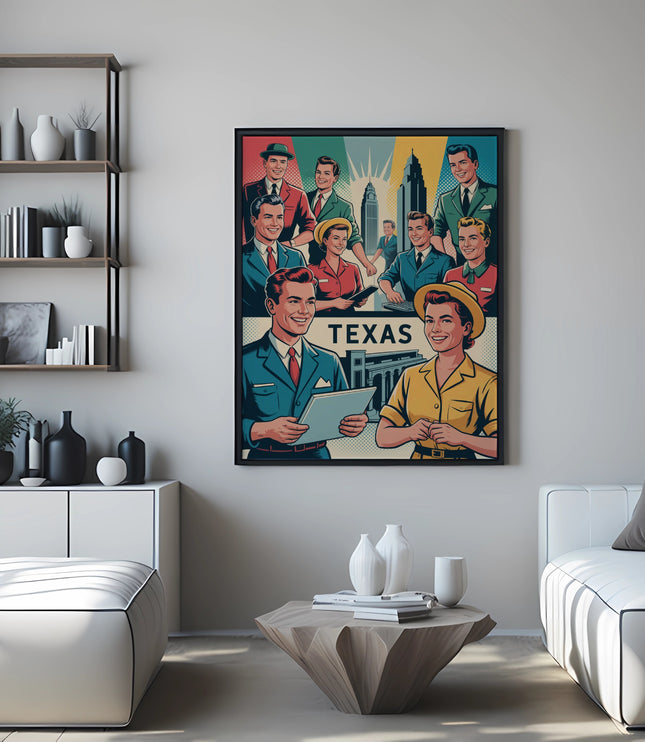 Vintage style artwork of people with "TEXAS" text and city skyline.