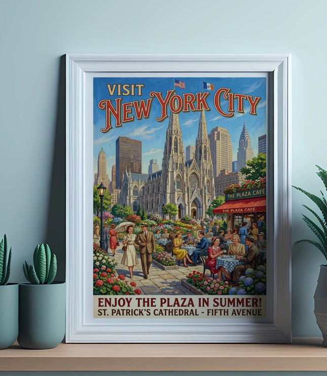 Vintage "Visit New York City" poster showing St. Patrick's Cathedral, people dining.