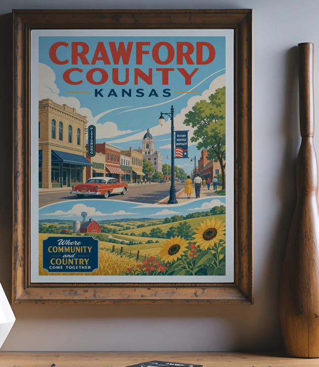 Crawford County Kansas travel poster with community and country text.