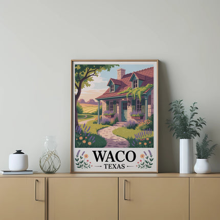 Waco Texas illustration with a house and flowers.