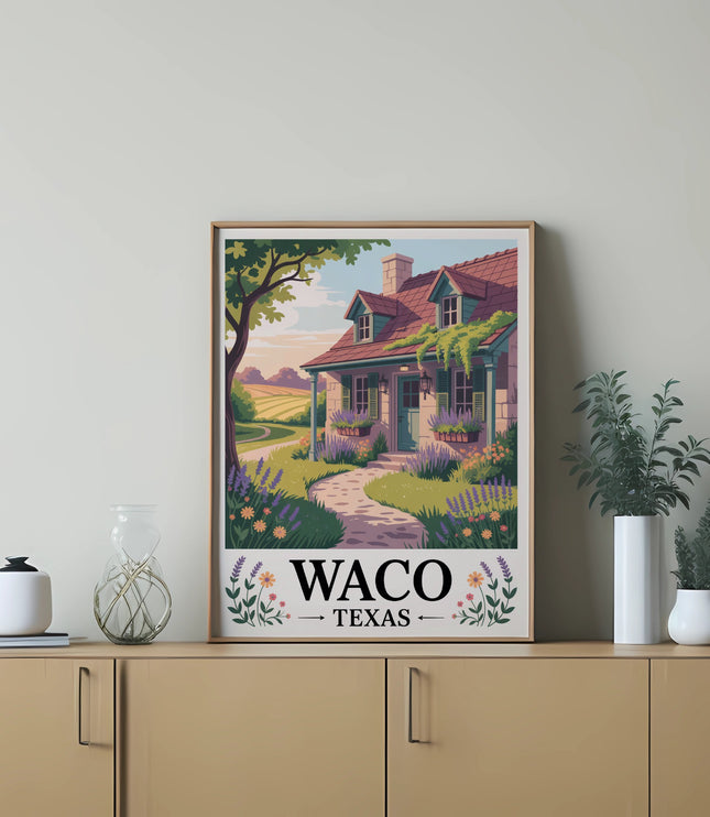Waco Texas illustration with a house and flowers.
