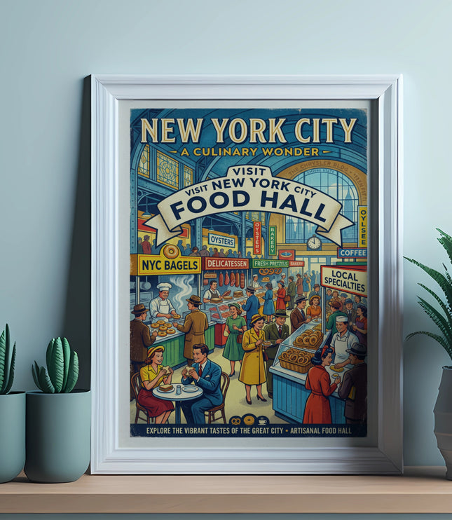 New York City Food Hall vintage poster with people enjoying food and shops.