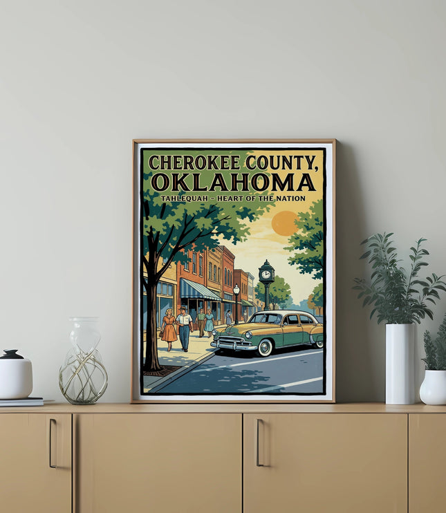 Retro poster of Cherokee County, Oklahoma with Tahlequah text and vintage car.