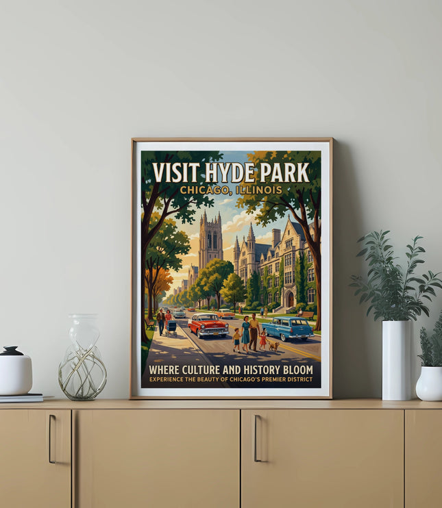 Vintage travel poster for Hyde Park, Chicago, depicting buildings, cars, and people.