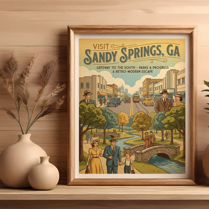 Retro poster for Sandy Springs, GA featuring families, cars, and a bridge.