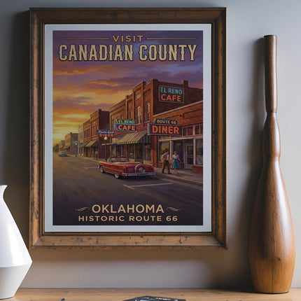 Visit Canadian County Oklahoma Historic Route 66 vintage poster with diners and cafe.