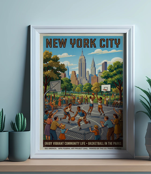 New York City poster depicts people playing basketball in a park with skyscrapers.
