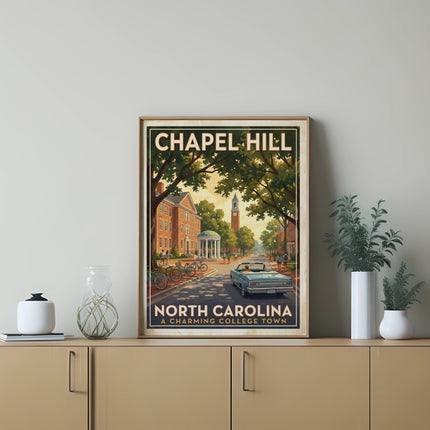 Chapel Hill, North Carolina vintage travel poster with buildings and a convertible.