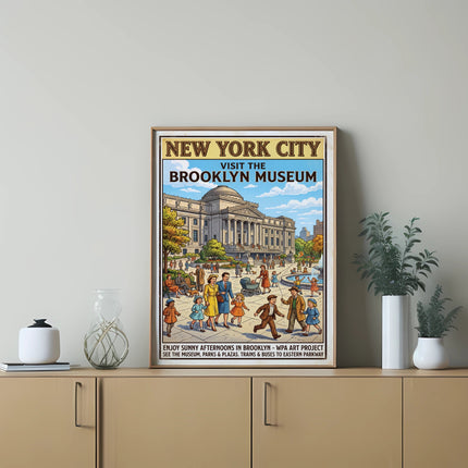Vintage Brooklyn Museum WPA art poster showcasing museum and city life.