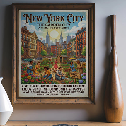 New York City The Garden City poster with community gardens and text.