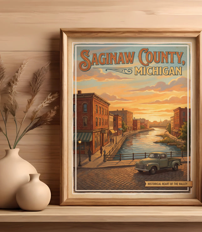 Saginaw County Michigan vintage travel poster on wooden shelf with two vases.