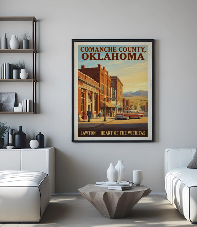 Comanche County Oklahoma vintage travel poster with Lawton, heart of the Wichitas text.