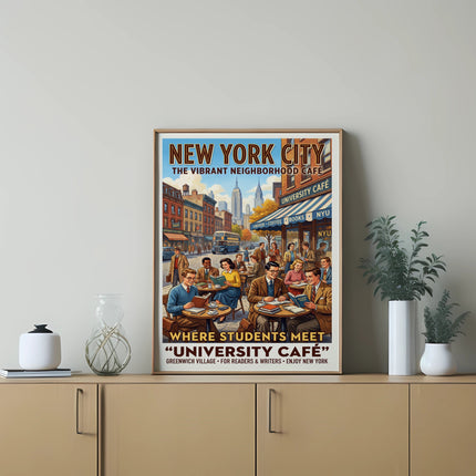 New York City University Café poster showing students and city scene.
