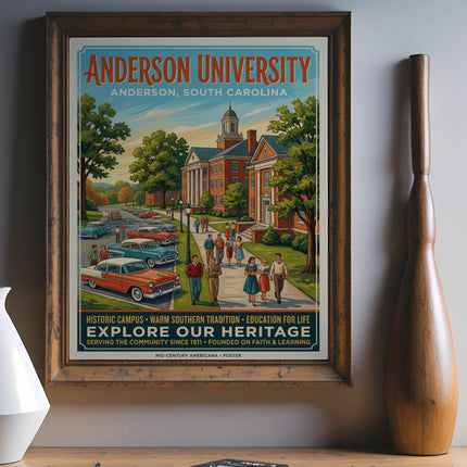 Anderson University poster with vintage cars and "Explore Our Heritage" text.