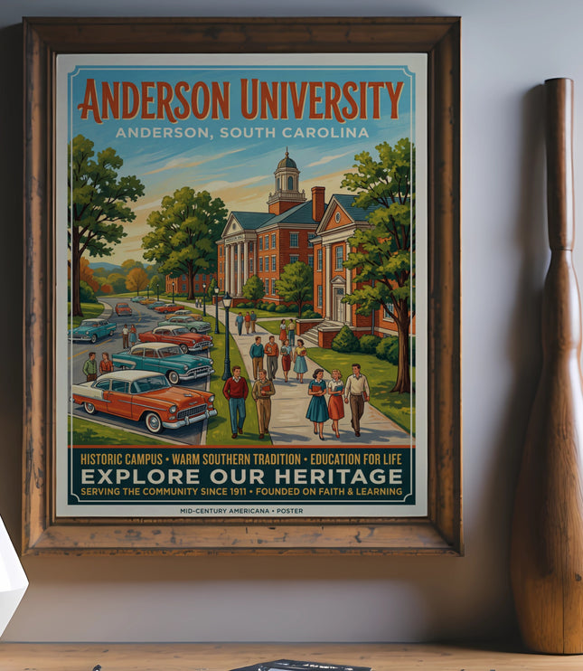 Anderson University poster with vintage cars and "Explore Our Heritage" text.