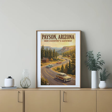 Payson, Arizona Rim Country's Gateway vintage travel poster with cars on a winding road.