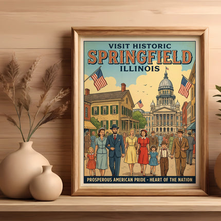 Visit Historic Springfield Illinois poster with vintage illustrations of buildings and people.