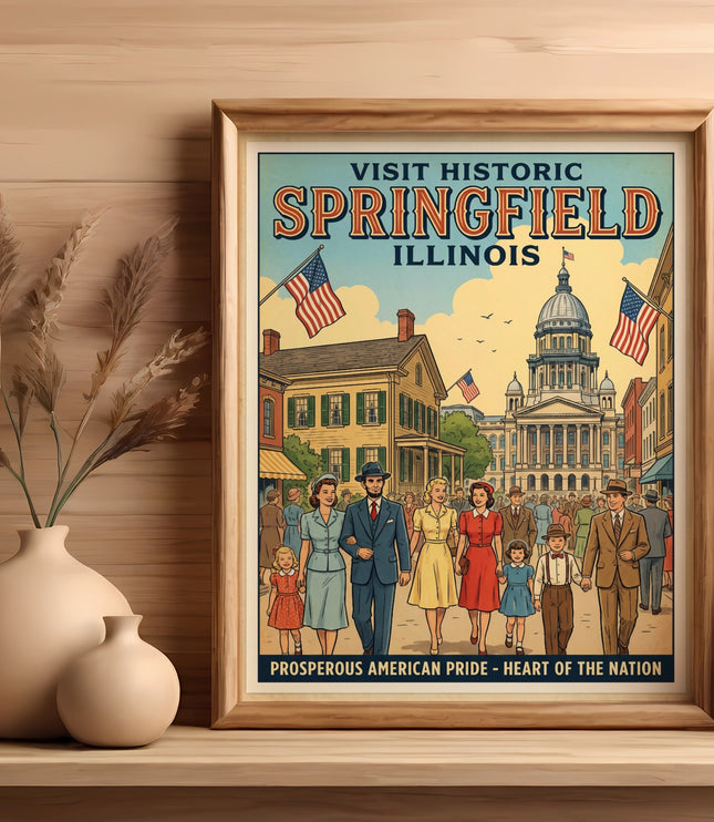 Visit Historic Springfield Illinois poster with vintage illustrations of buildings and people.