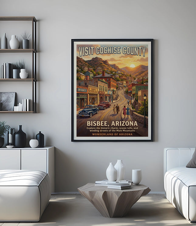 Poster: Visit Cochise County, Bisbee, Arizona, with sunset over mountains and vintage street scene.