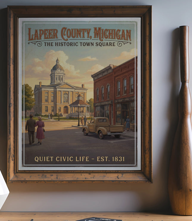 Lapeer County, Michigan vintage poster depicting a historic town square with a courthouse.