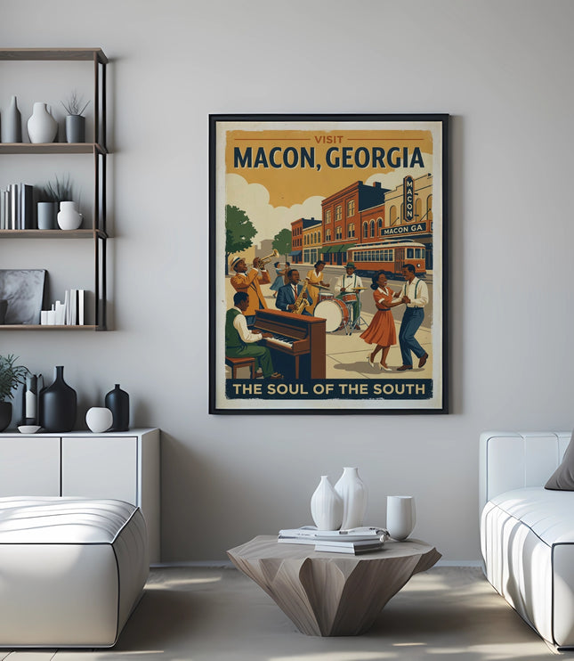 Visit Macon, Georgia poster featuring people playing music and dancing.