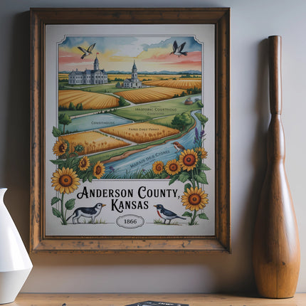 Poster for Anderson County, Kansas, featuring historic courthouse and landscape.